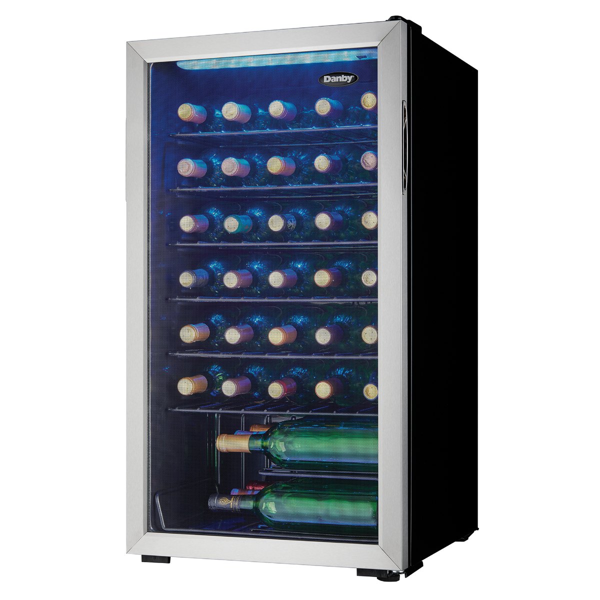Danby 36 Bottle Freestanding Wine Cooler in Stainless Steel - front right view loaded fridge closed door
