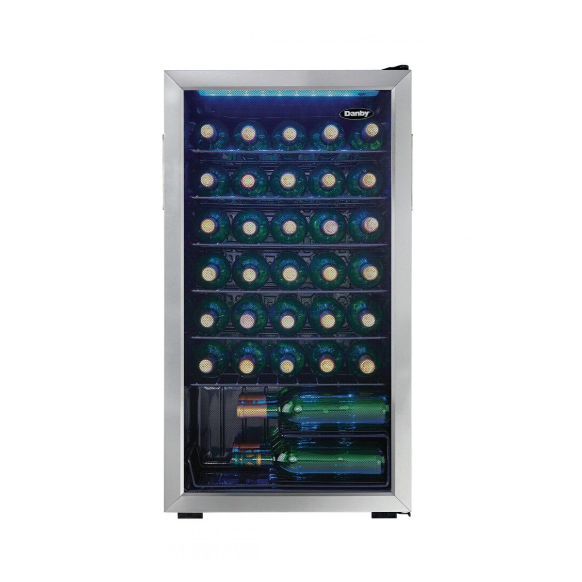Danby 36 Bottle Freestanding Wine Cooler in Stainless Steel - front view loaded fridge closed door