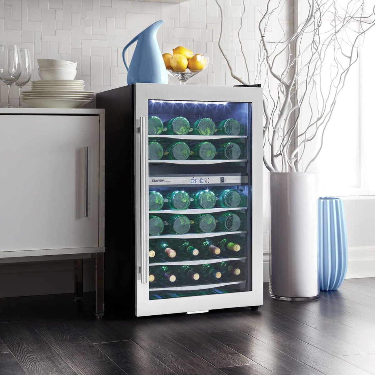 Danby 38 Bottle Free-Standing Wine Cooler in Stainless Steel - Stylish wine cooler with wooden shelves in a modern kitchen setting