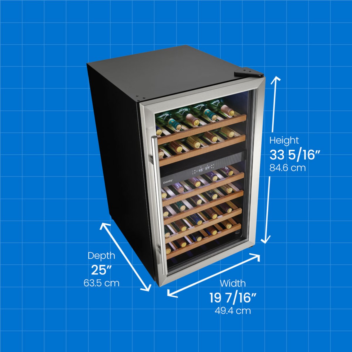 Danby 38 Bottle Free-Standing Wine Cooler in Stainless Steel - dimensions of the fridge shown