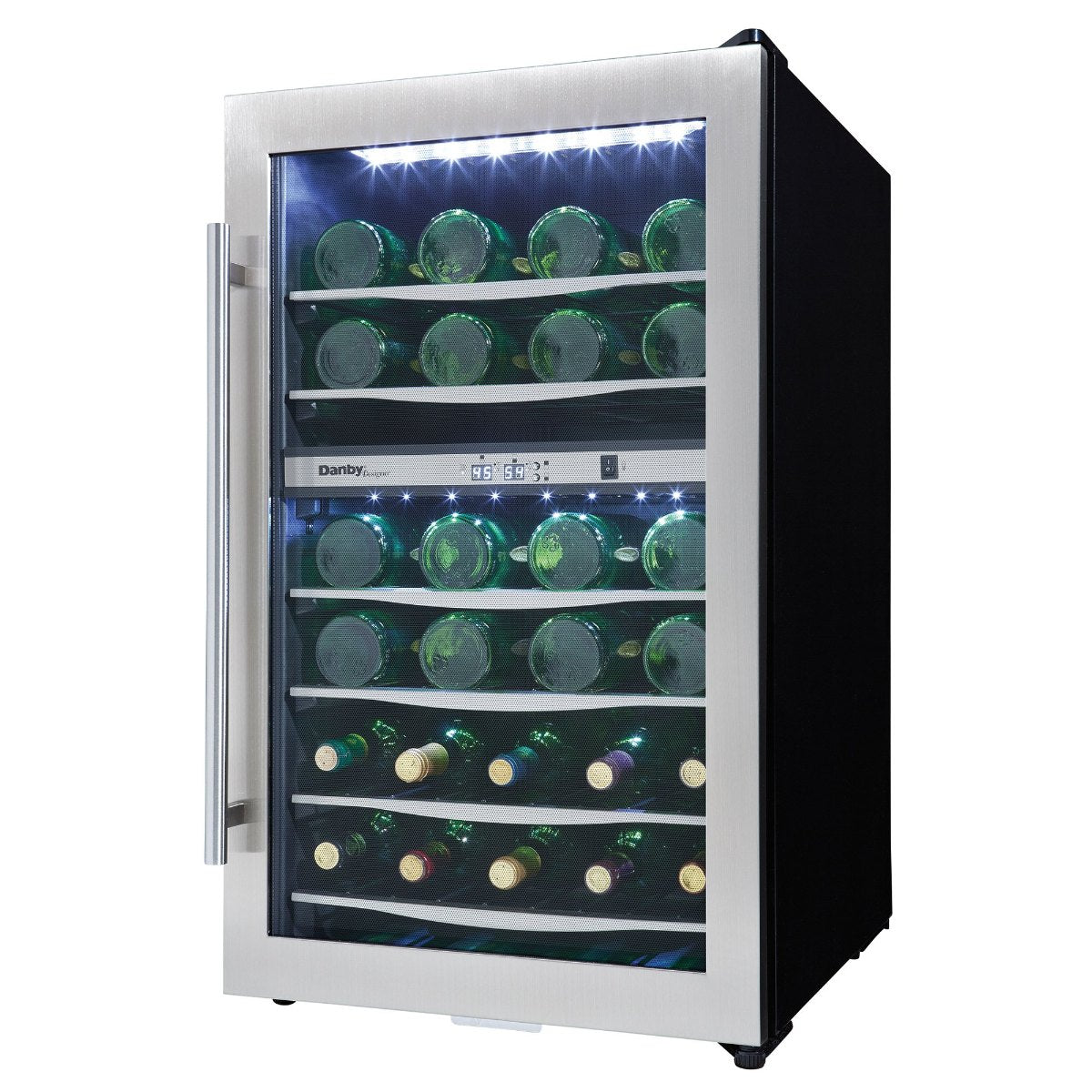 Danby 38 Bottle Free-Standing Wine Cooler in Stainless Steel - front right view loaded inside closed door