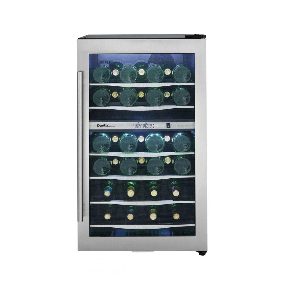 Danby 38 Bottle Free-Standing Wine Cooler in Stainless Steel - front view loaded inside closed door
