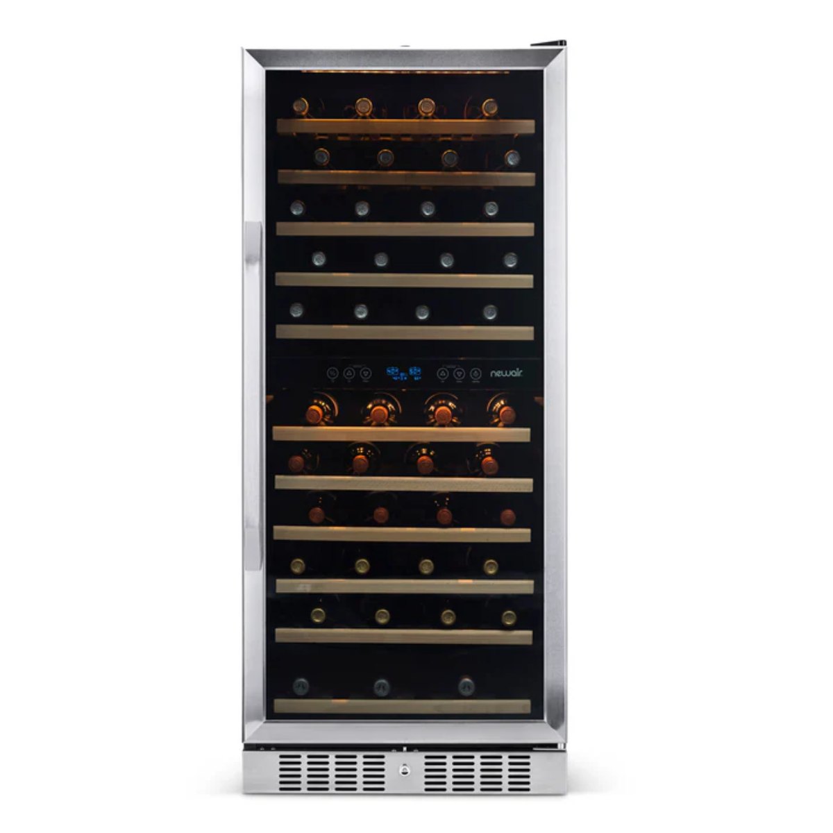 Newair 116 Bottle Dual Zone Wine Fridge – 27" Stainless Steel - Front View - Loaded Shelves - Closed Door