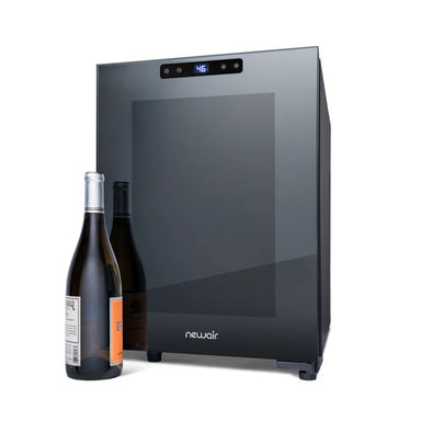 Newair 12 Bottle Shadow-T Series Wine Fridge – 9.9" Black - Front View with a bottle of wine shown