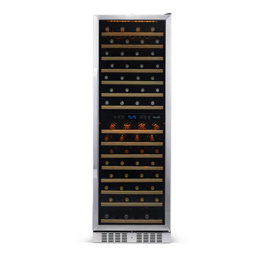 Newair 160 Bottle Dual Zone Wine Fridge – 27" Stainless Steel - Front View - Loaded Shelves - Closed Door