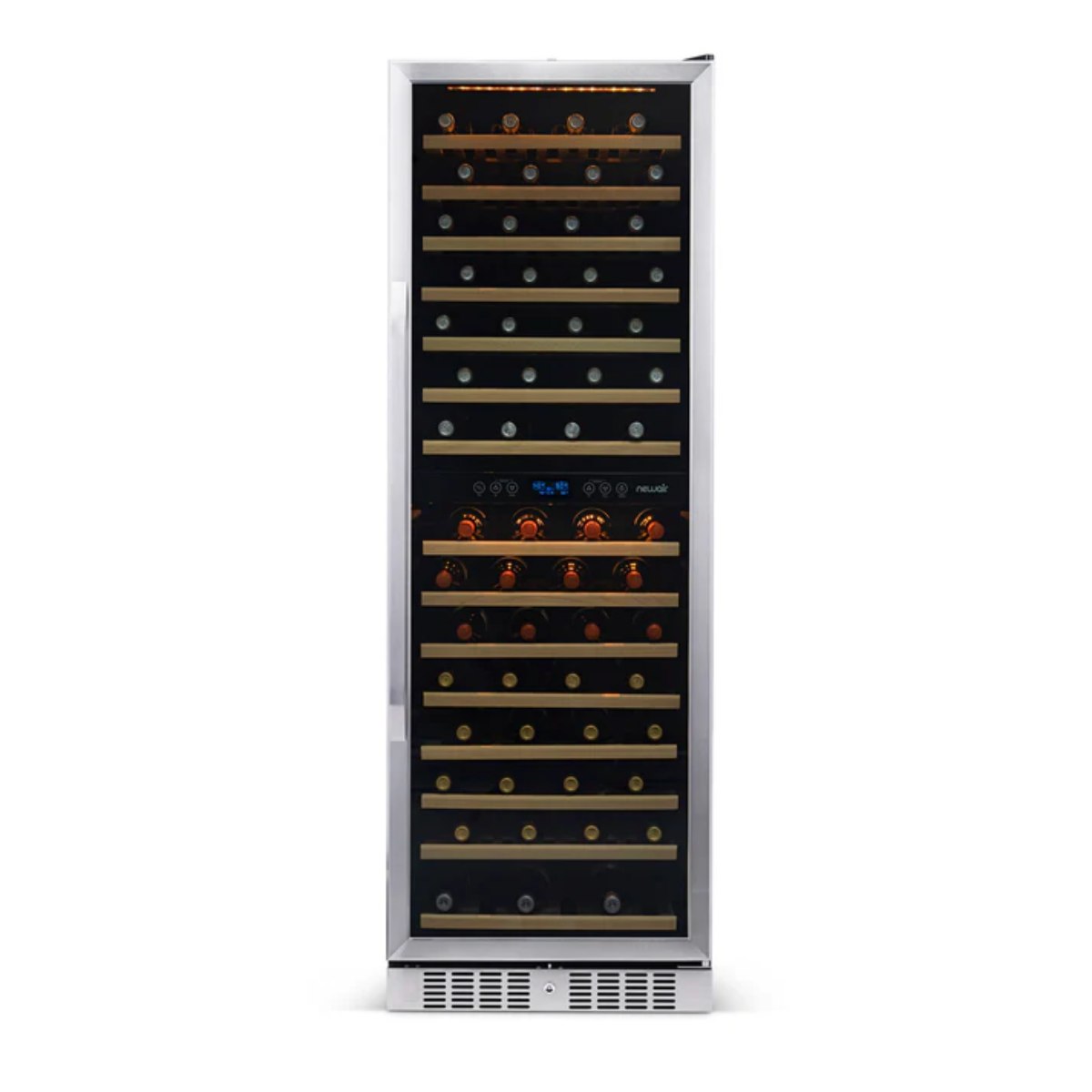 Newair 160 Bottle Dual Zone Wine Fridge – 27" Stainless Steel - Front View - Loaded Shelves - Closed Door