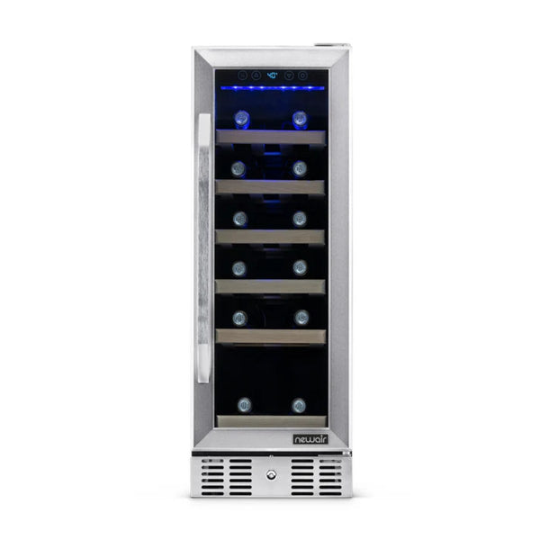 Newair 19 Bottle Built In Wine Fridge – 12" Stainless Steel - Front View - Loaded Shelves - Closed Door