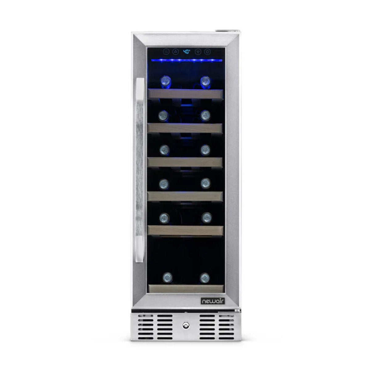 Newair 19 Bottle Built In Wine Fridge – 12" Stainless Steel - Front View - Loaded Shelves - Closed Door