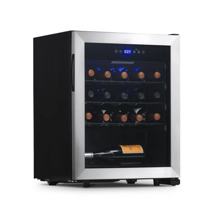 Newair 23 Bottle Freestanding Wine Fridge – 18.9" Stainless Steel - Front Left View - Loaded Shelves - Closed Door