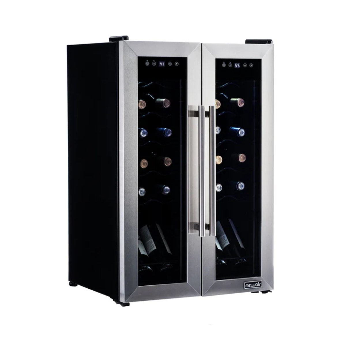 Newair 24-Bottle Dual Zone Wine Fridge – 20" Steel French Door - Front Left View - Loaded Fridge - Closed Doors