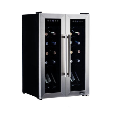 Newair 24-Bottle Dual Zone Wine Fridge – 20" Steel French Door - Front Left View - Loaded Fridge - Closed Doors
