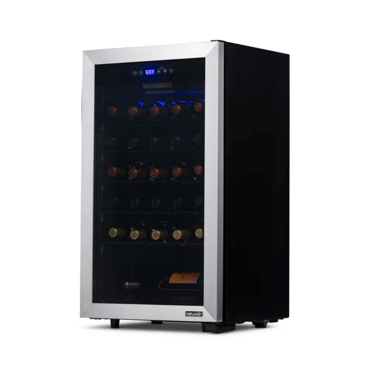 Newair 33 Bottle Freestanding Wine Fridge – 18.9" Stainless Steel - Front Right View - Loaded Shelves - Closed Door