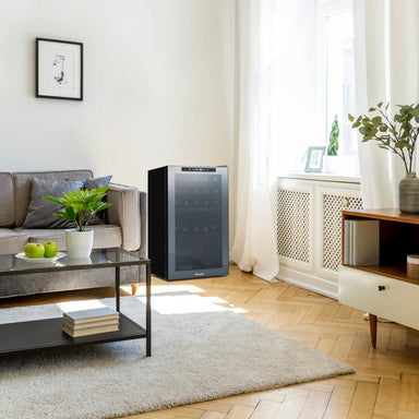 Newair 33 Bottle Shadow Series Dual Zone Wine Fridge – 19.5" Black - Fridge beside the couch