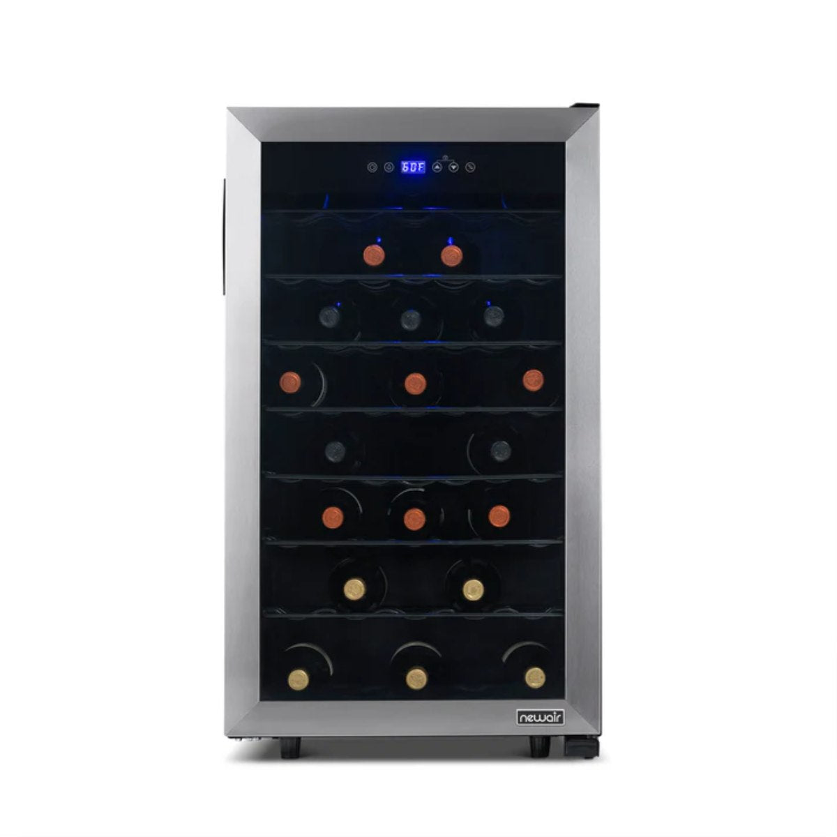Newair 50 Bottle Freestanding Wine Fridge – 18.9" Stainless Steel - Front View - Loaded Shelves - Closed Door