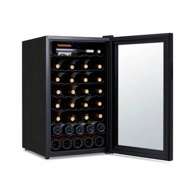 Newair 51 Bottle Shadow Series Wine Fridge – 19.5" Black - Front Left View Studio Image - Loaded - Opened