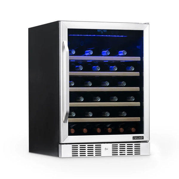 Newair 52 Bottle Built In Wine Fridge – 24" Stainless Steel - front left view loaded shelves closed door