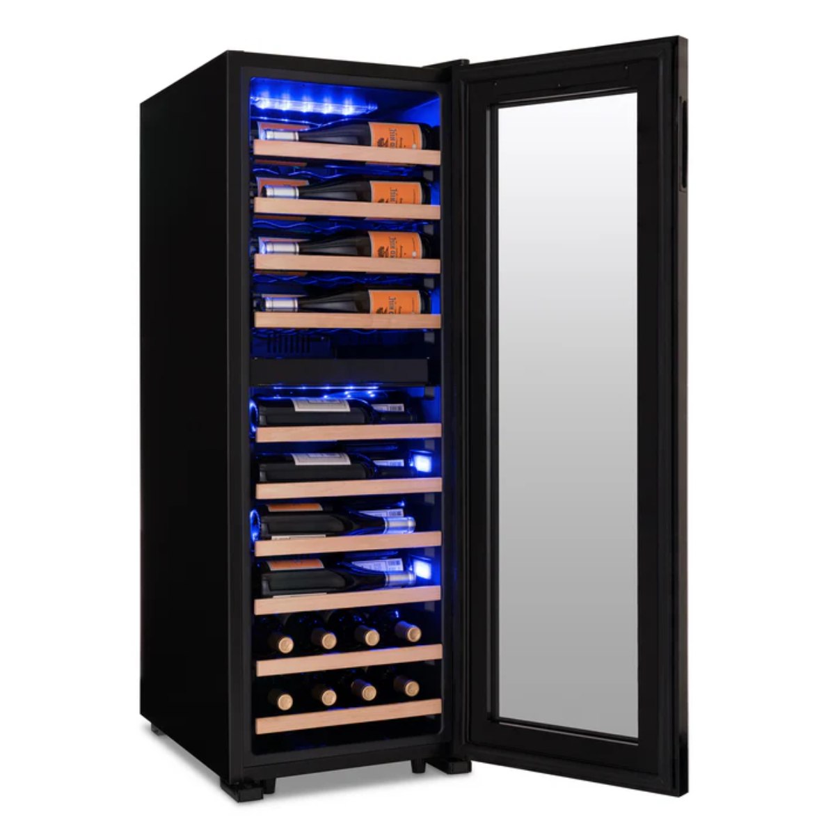 Newair 56 Bottle Shadow Series Dual Zone Wine Fridge – 16.9" Black - Front Left View Studio Image - Loaded - Opened
