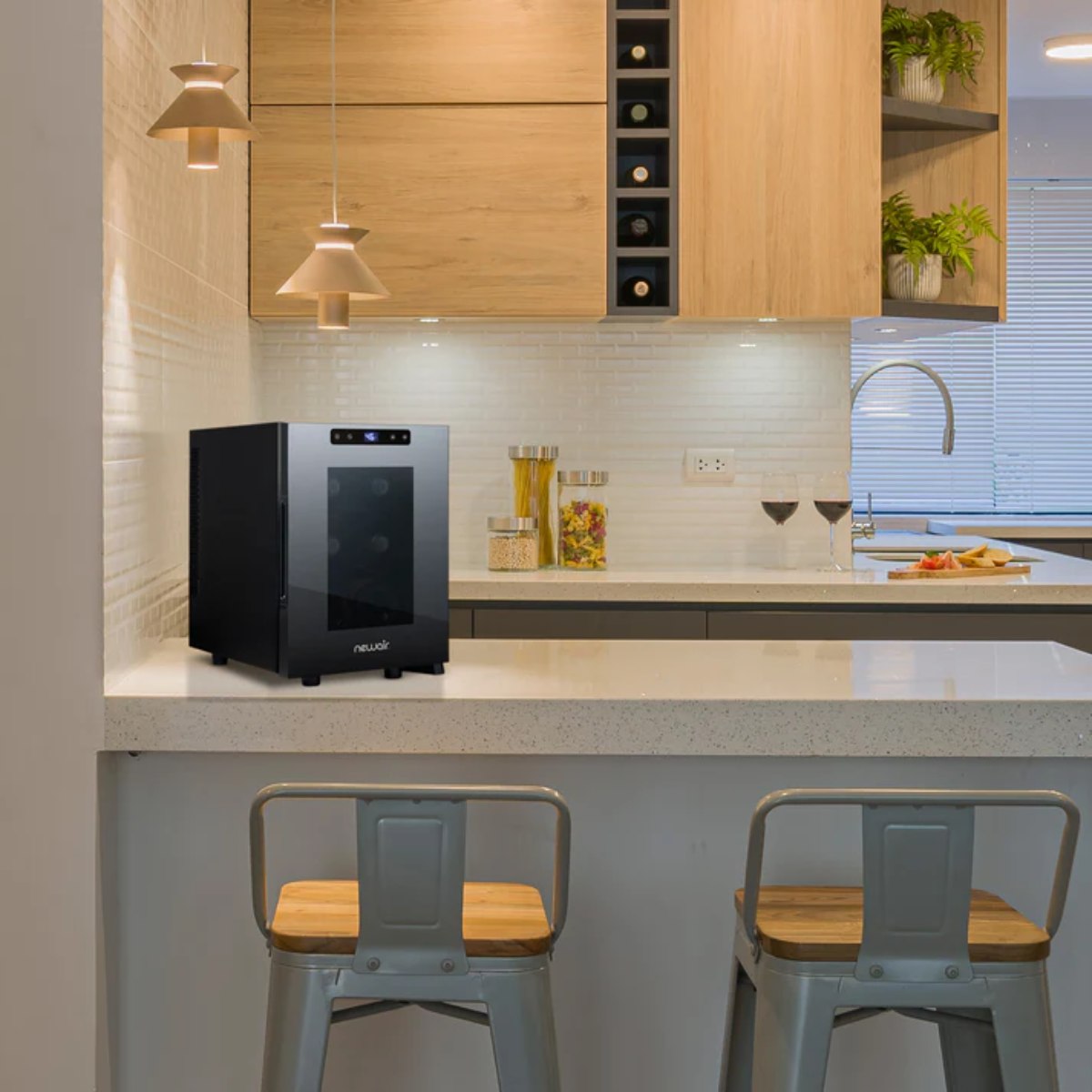 Newair 6 Bottle Shadow-T Series Freestanding Wine Fridge – 10.2" Black - Compact Fridge shown on top of the nook