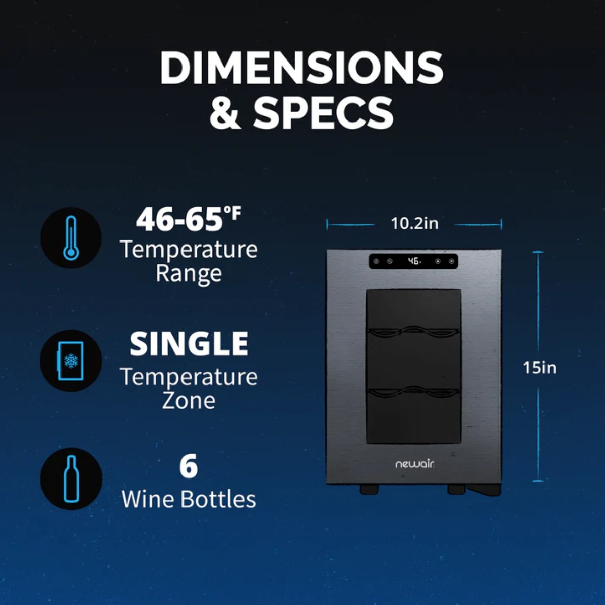Newair 6 Bottle Shadow-T Series Freestanding Wine Fridge – 10.2" Black - Dimensions and Specifications Shown