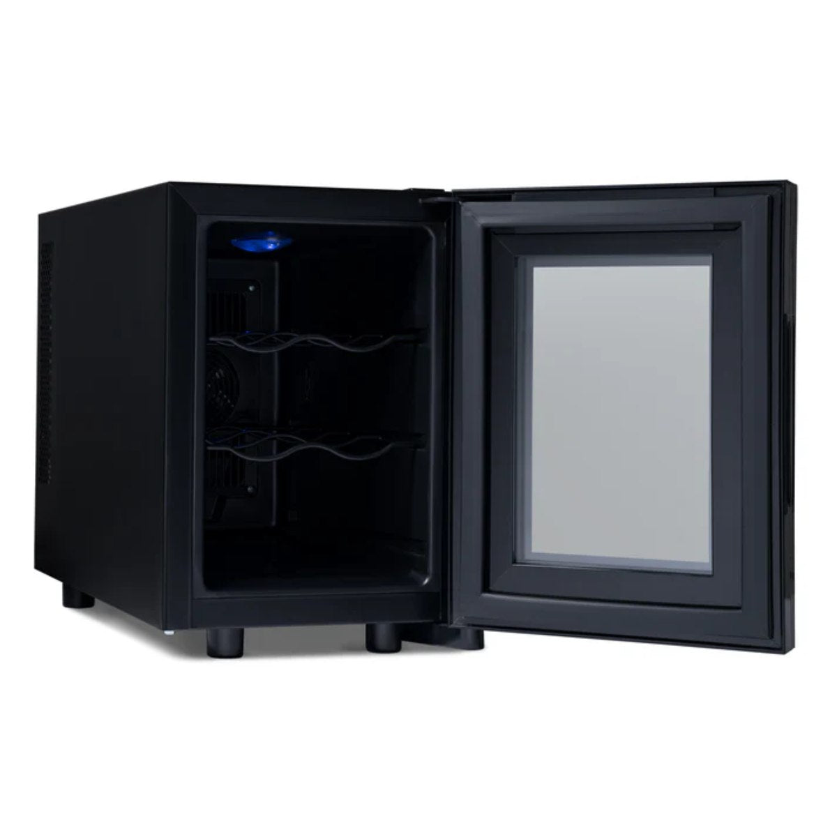 Newair 6 Bottle Shadow-T Series Freestanding Wine Fridge – 10.2" Black - Front Left View - Open Door - Empty