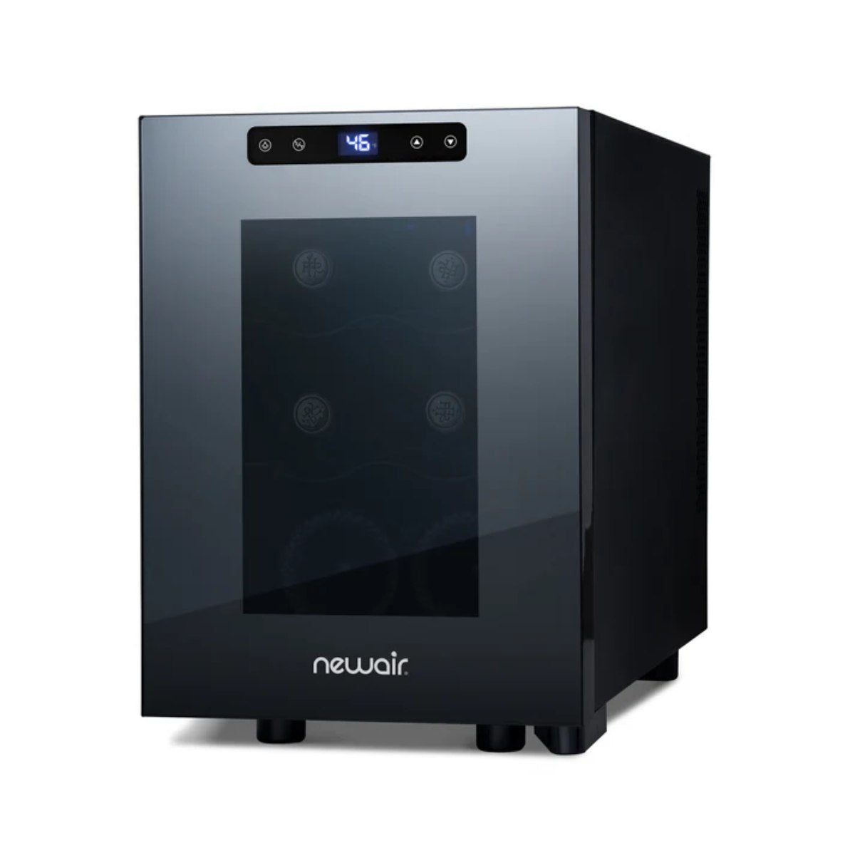 Newair 6 Bottle Shadow-T Series Freestanding Wine Fridge – 10.2" Black - Front Right View - Loaded Shelves