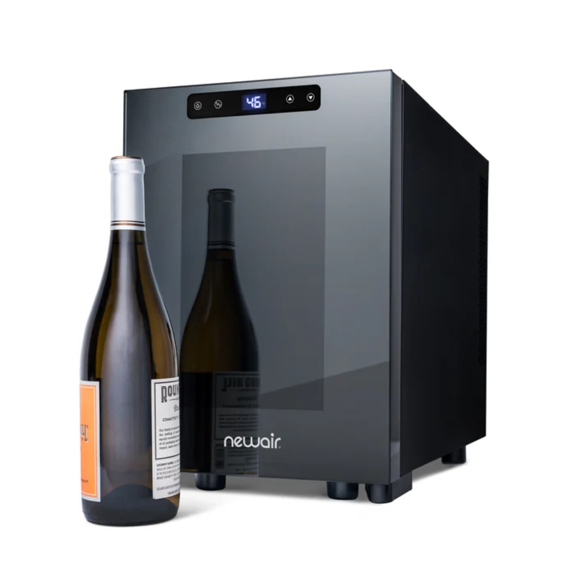 Newair 6 Bottle Shadow-T Series Freestanding Wine Fridge – 10.2" Black - Front view of the fridge with a bottle of wine