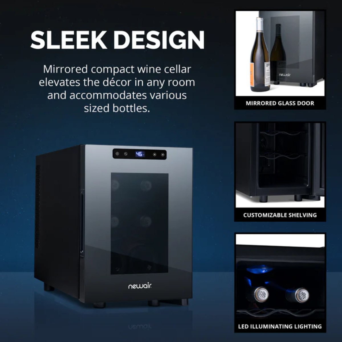 Newair 6 Bottle Shadow-T Series Freestanding Wine Fridge – 10.2" Black - Sleek Design of the Fridge showing features
