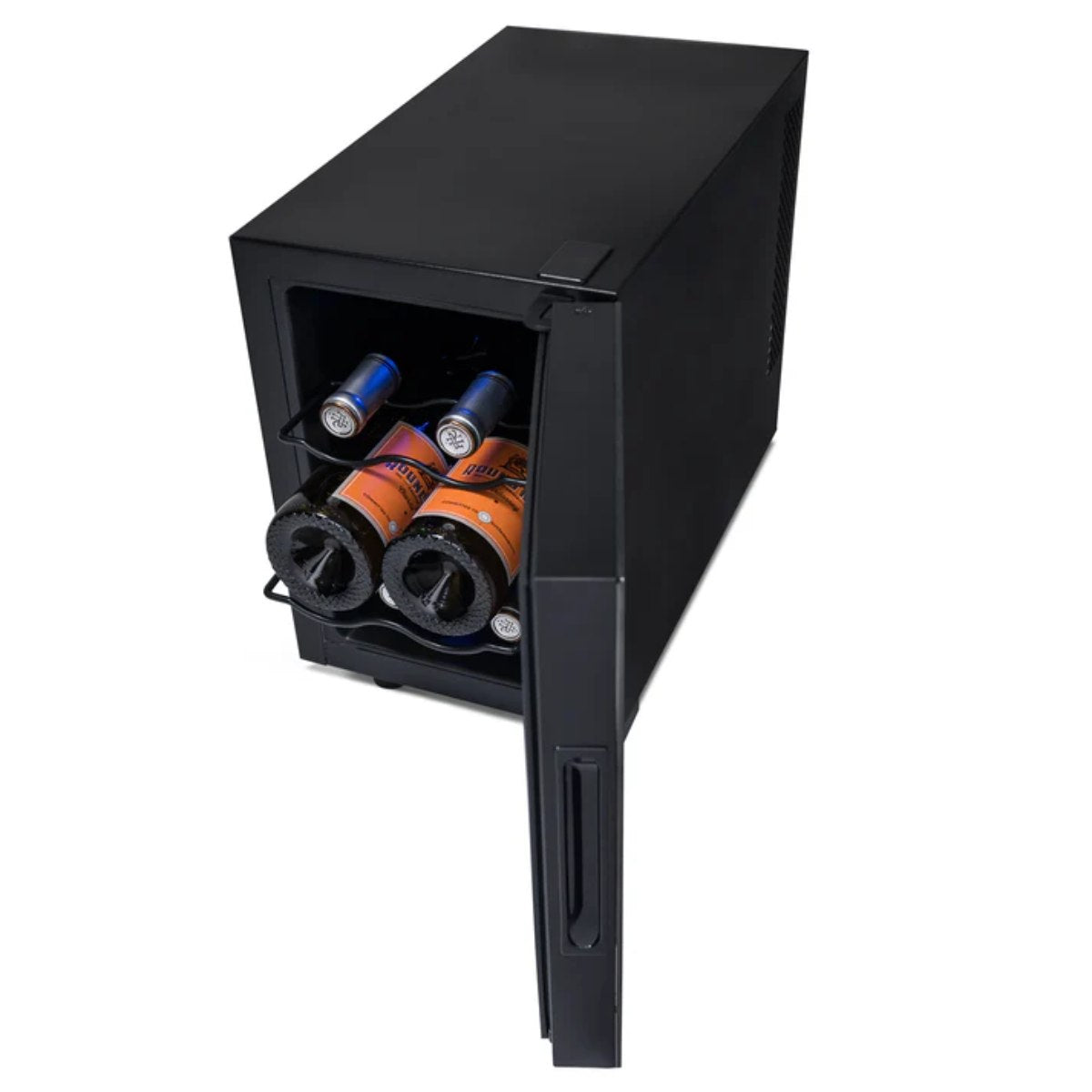 Newair 6 Bottle Shadow-T Series Freestanding Wine Fridge – 10.2" Black - Top View with Wines shown - Opened