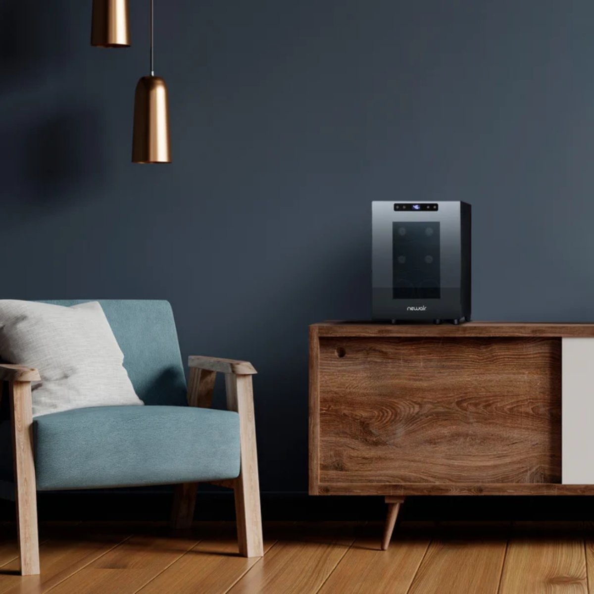 Newair 6 Bottle Shadow-T Series Freestanding Wine Fridge – 10.2" Black - wine fridge on wooden cabinet in modern living room