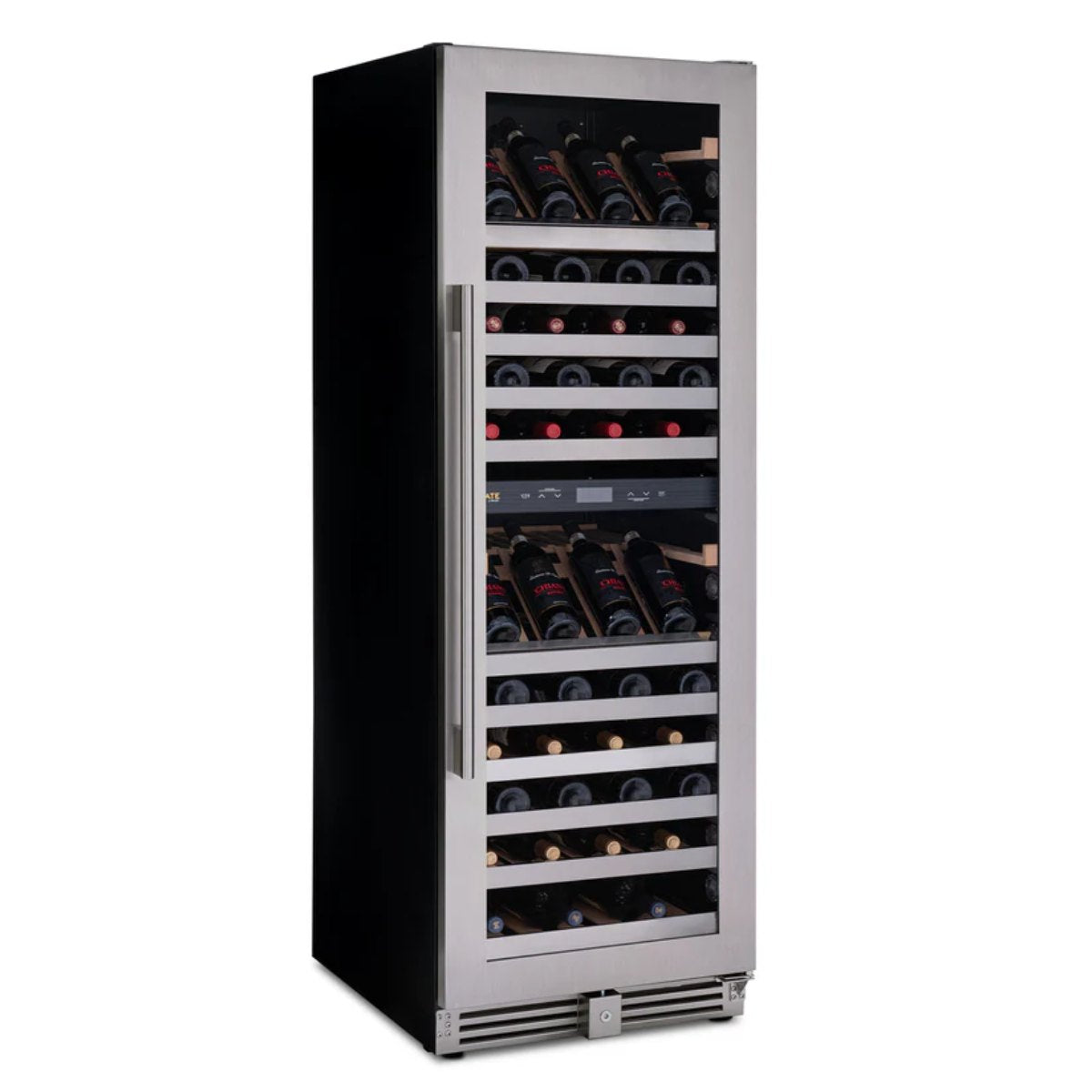 Newair ESTATE 160 Bottle Wine Fridge – 29" Stainless Steel - Front Left View - Loaded Shelves