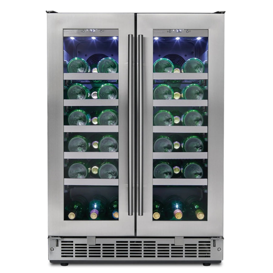 Silhouette Napa 24” French Door Dual Zone 42-Bottle Wine Cooler - Front view loaded shelves closed door