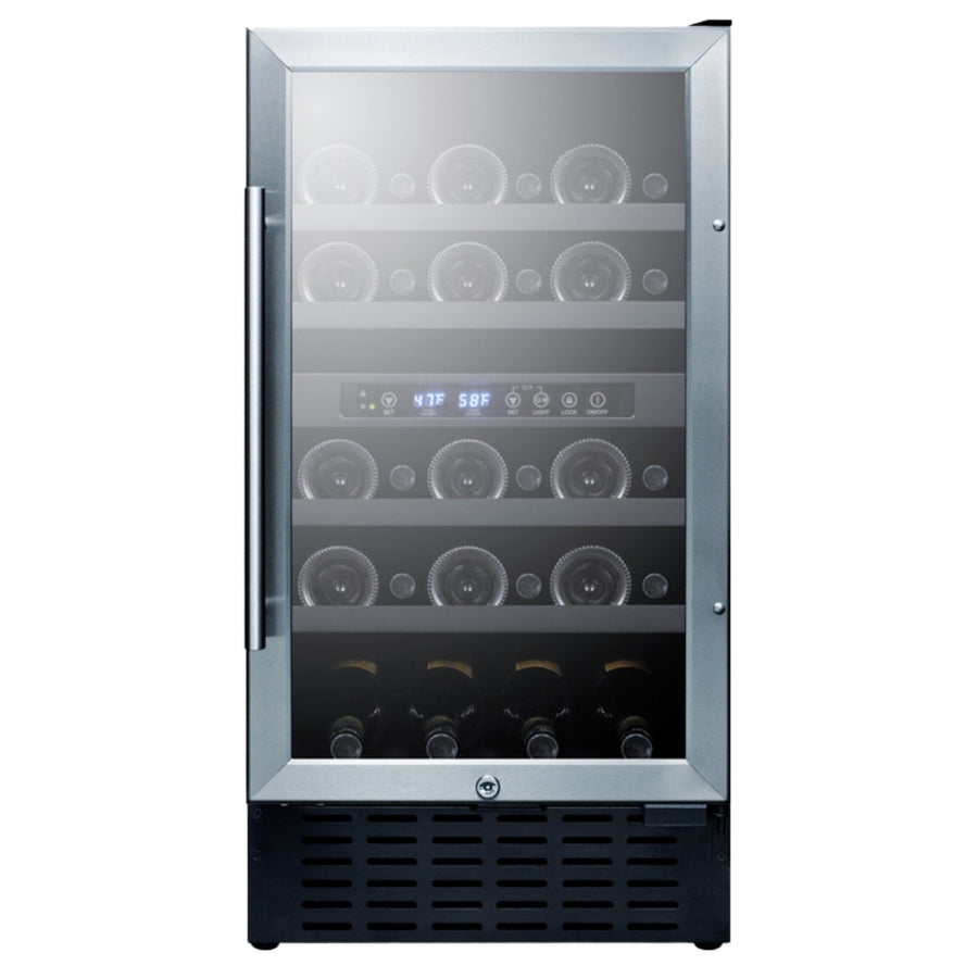 Summit 18″ ADA Compliant Dual Zone Built-In Wine Cooler – 28 Bottle - Front View of the cooler loaded inside