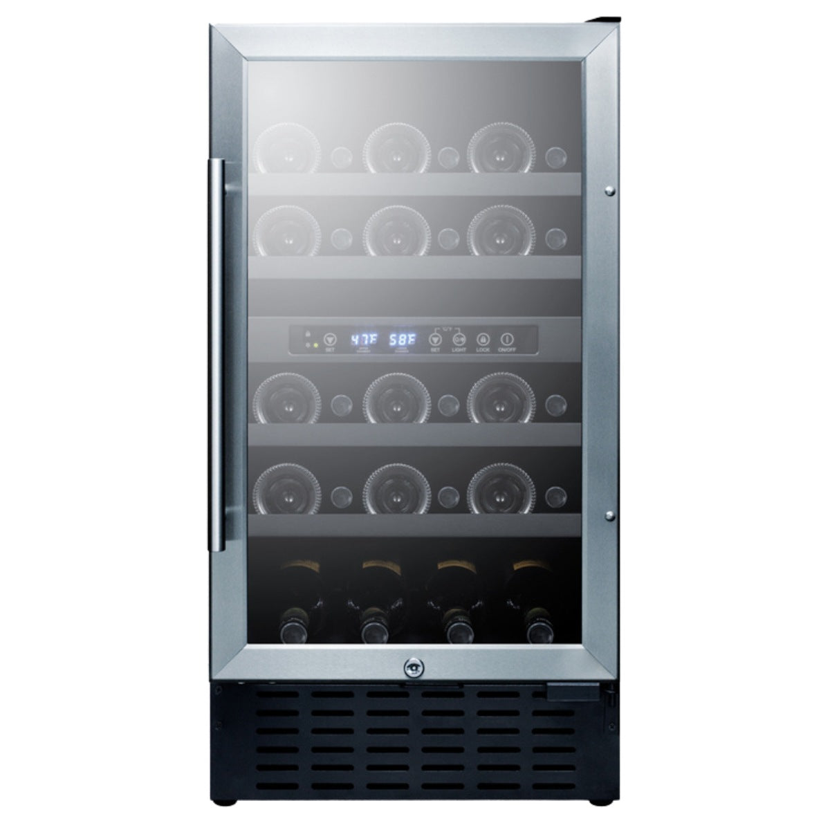 Summit 18″ ADA Compliant Dual Zone Built-In Wine Cooler – 28 Bottle - Front View of the cooler loaded inside