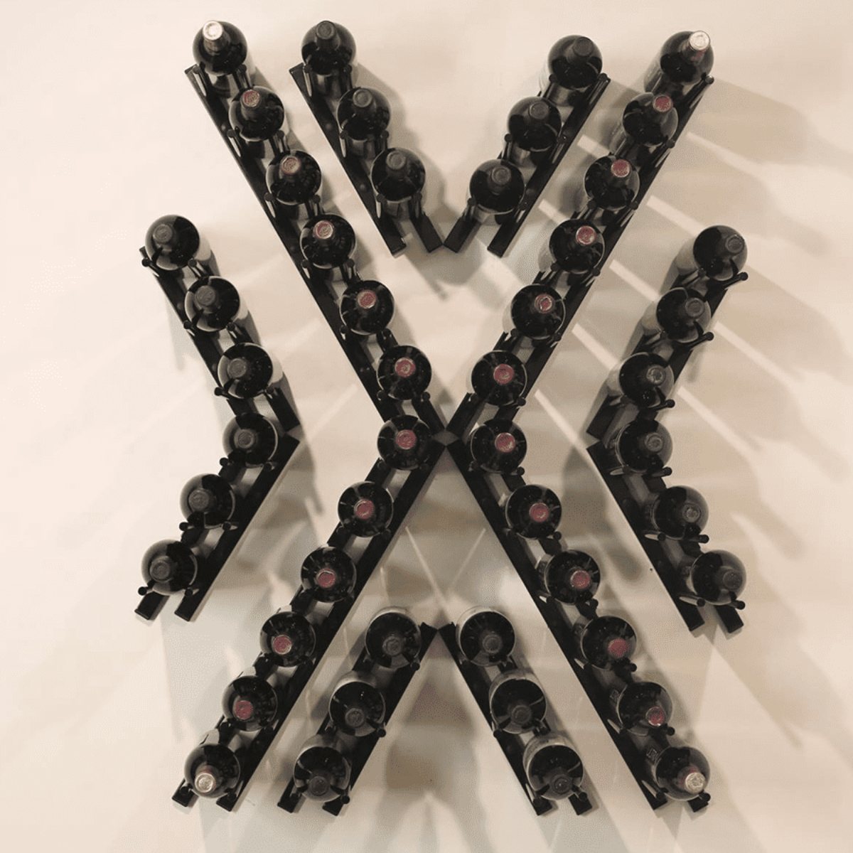 Ultra 1FT Cork-Out Straight Wall Rail Wine Rack (3 Bottles) - Wall-mounted wine rack arranged in an X-shaped design holding multiple bottles