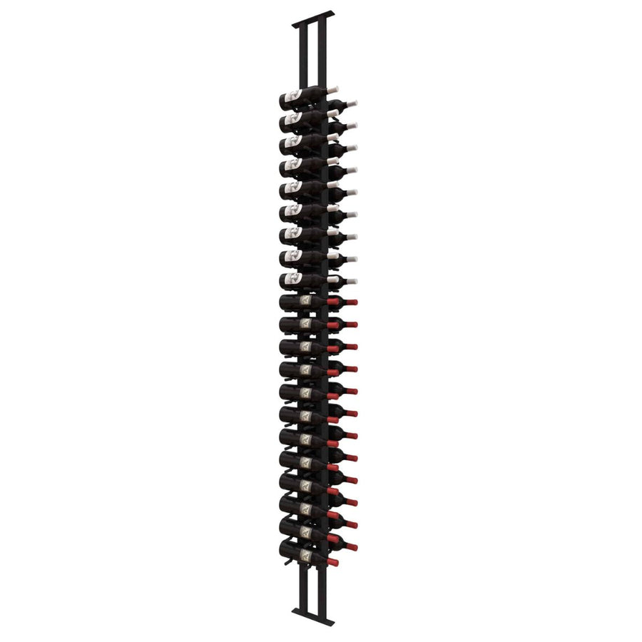 Ultra Floor-to-Ceiling Mounted 2-Sided Wine Rack Display (42 Bottles) - front side view with wine bottles studio image