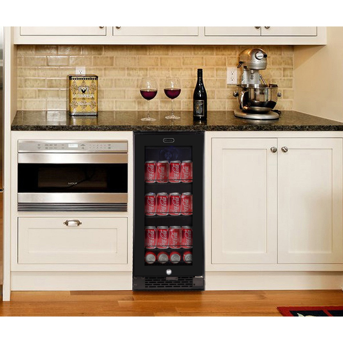 Whynter BBR-801BG 100-Can Built-In Beverage Refrigerator - Built-in beverage fridge filled with soda cans in a modern kitchen setup