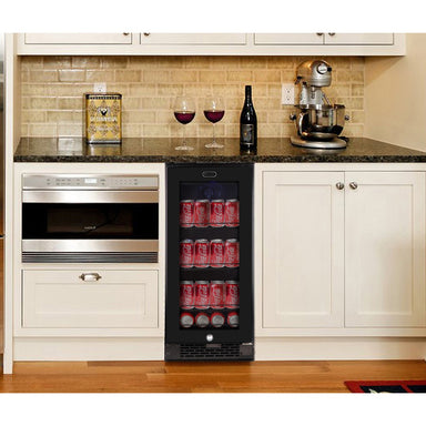 Whynter BBR-801BG 100-Can Built-In Beverage Refrigerator - Built-in beverage fridge filled with soda cans in a modern kitchen setup