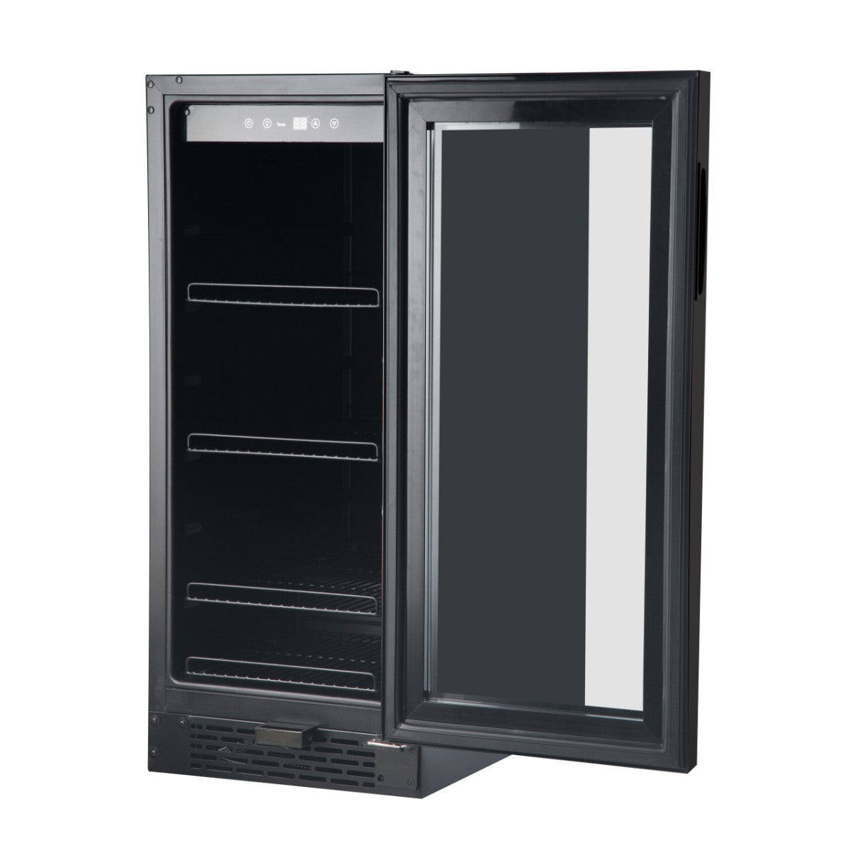 Whynter BBR-801BG 100-Can Built-In Beverage Refrigerator - Front left view empty shelves open door