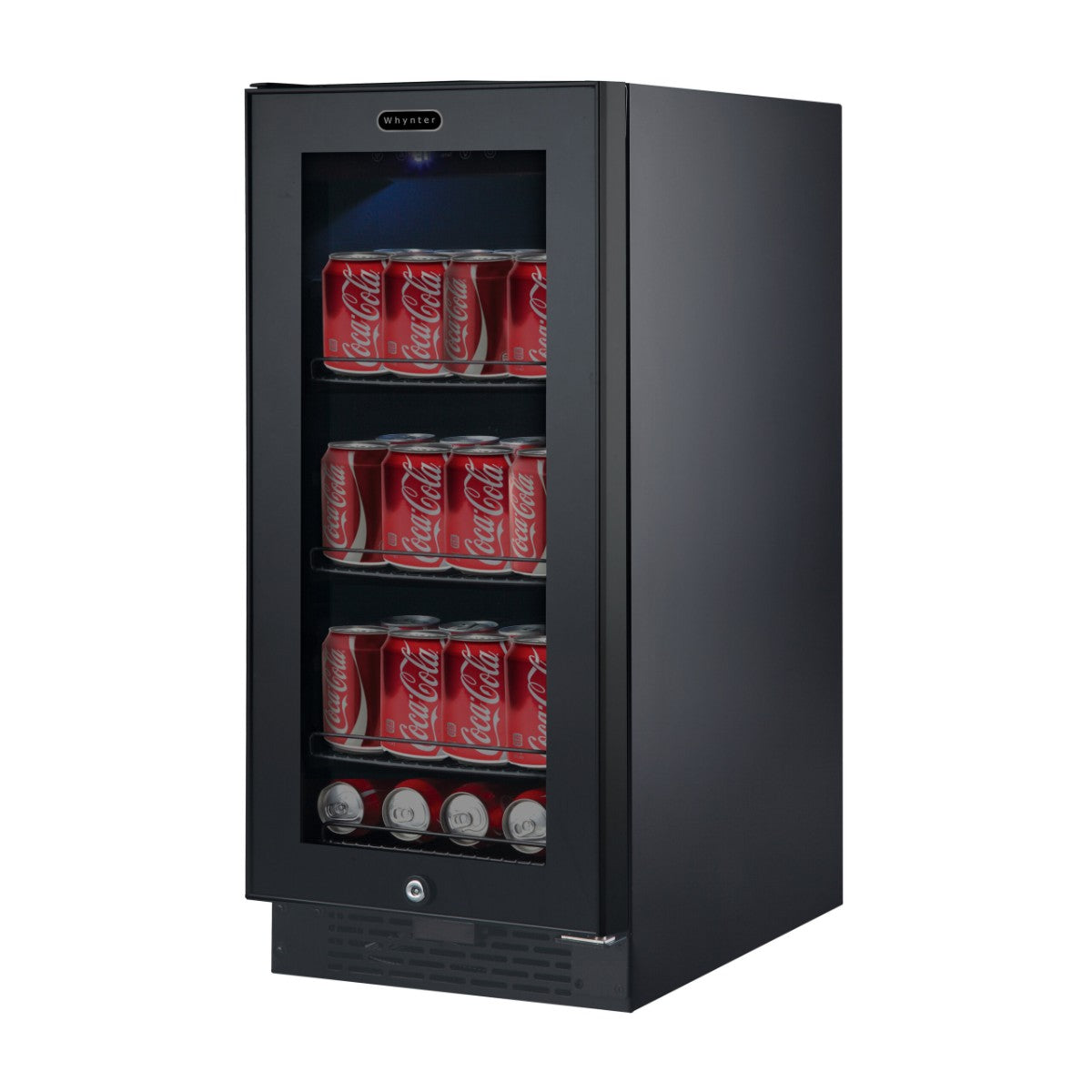Whynter BBR-801BG 100-Can Built-In Beverage Refrigerator - Front left view with sodas inside closed door