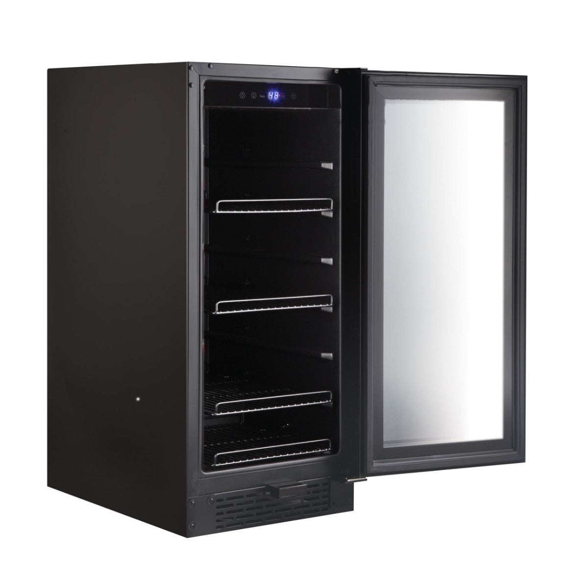 Whynter BBR-801BG 100-Can Built-In Beverage Refrigerator - Front right view empty shelves open door