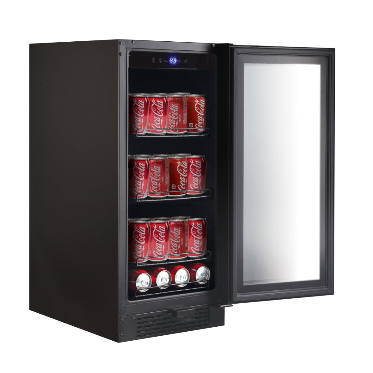 Whynter BBR-801BG 100-Can Built-In Beverage Refrigerator - Front right view with sodas inside open door