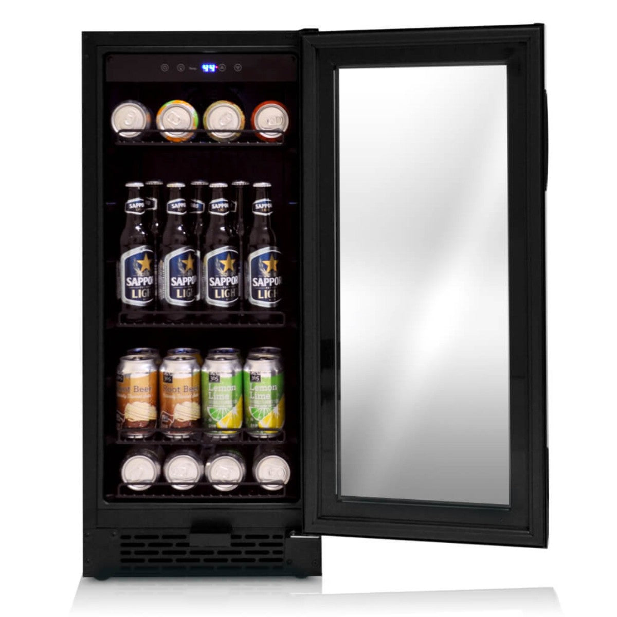 Whynter BBR-801BG 100-Can Built-In Beverage Refrigerator - Front view with beers and sodas inside open door