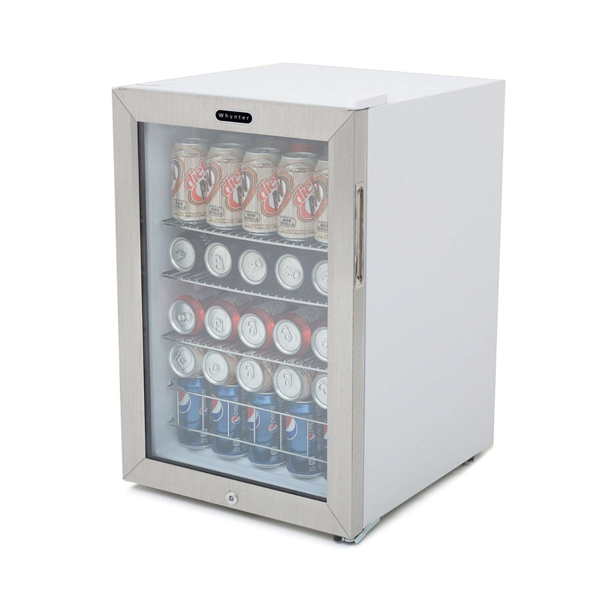 Whynter BR-091WS 90-Can Stainless Steel Beverage Refrigerator - Front Right View Loaded Shelves Closed Door Studio Image