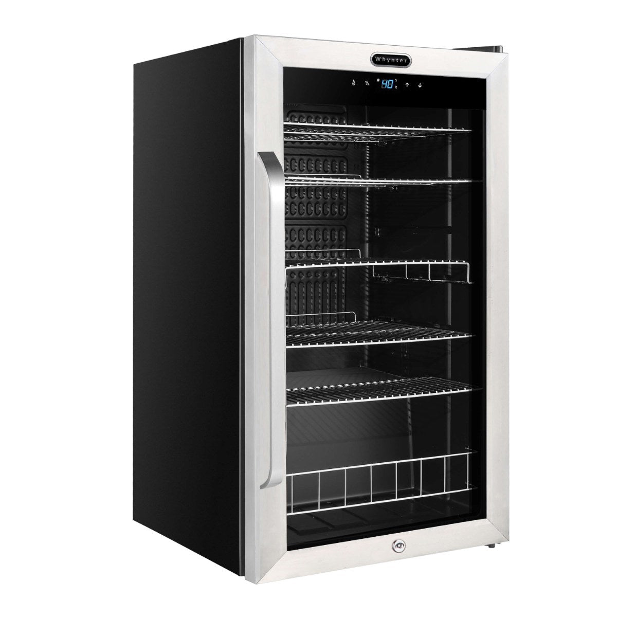 Whynter BR-1211DS 136-Can Stainless Steel Beverage Refrigerator - Front Left View Empty Inside Closed Door