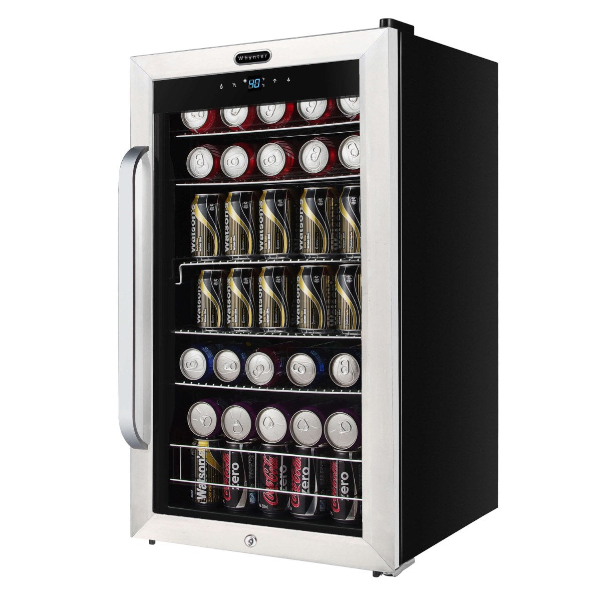 Whynter BR-1211DS 136-Can Stainless Steel Beverage Refrigerator - Front Right View Loaded Inside Closed Door