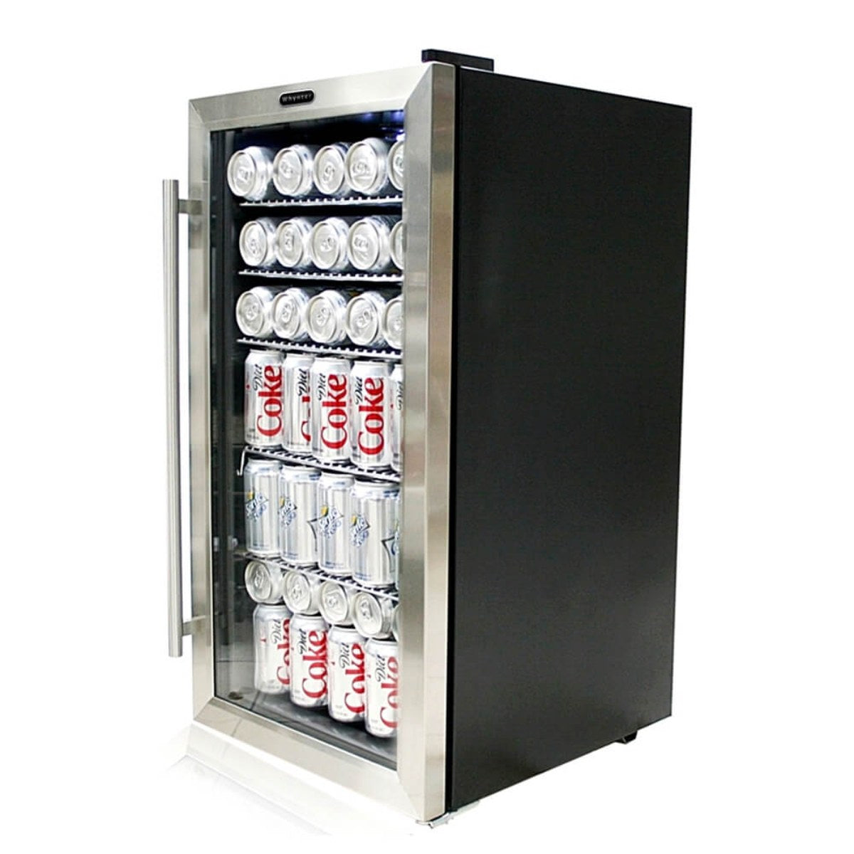 Whynter BR-125SD 117-Can Stainless Steel Beverage Refrigerator - Front Right View Loaded Inside