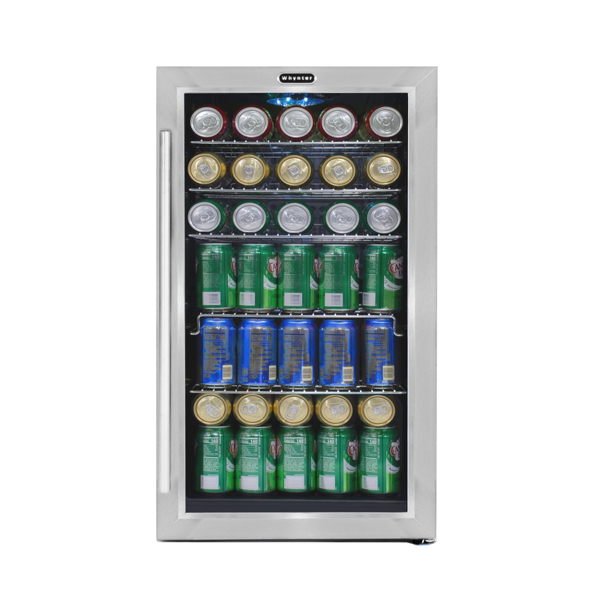 Whynter BR-130SB 127-Can Freestanding Beverage Refrigerator - Front View Loaded Inside Closed Door