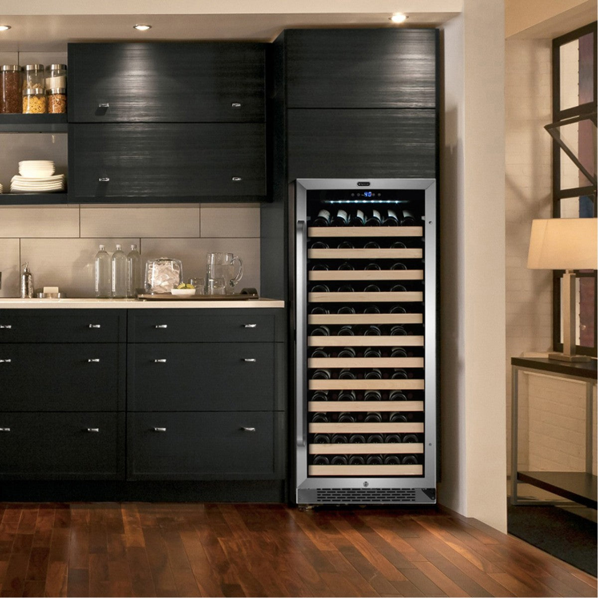 Whynter BWR-1002SD 100-Bottle Single-Zone Built-In Wine Refrigerator - Built-in stainless steel wine cooler with wooden shelves in a modern dark kitchen