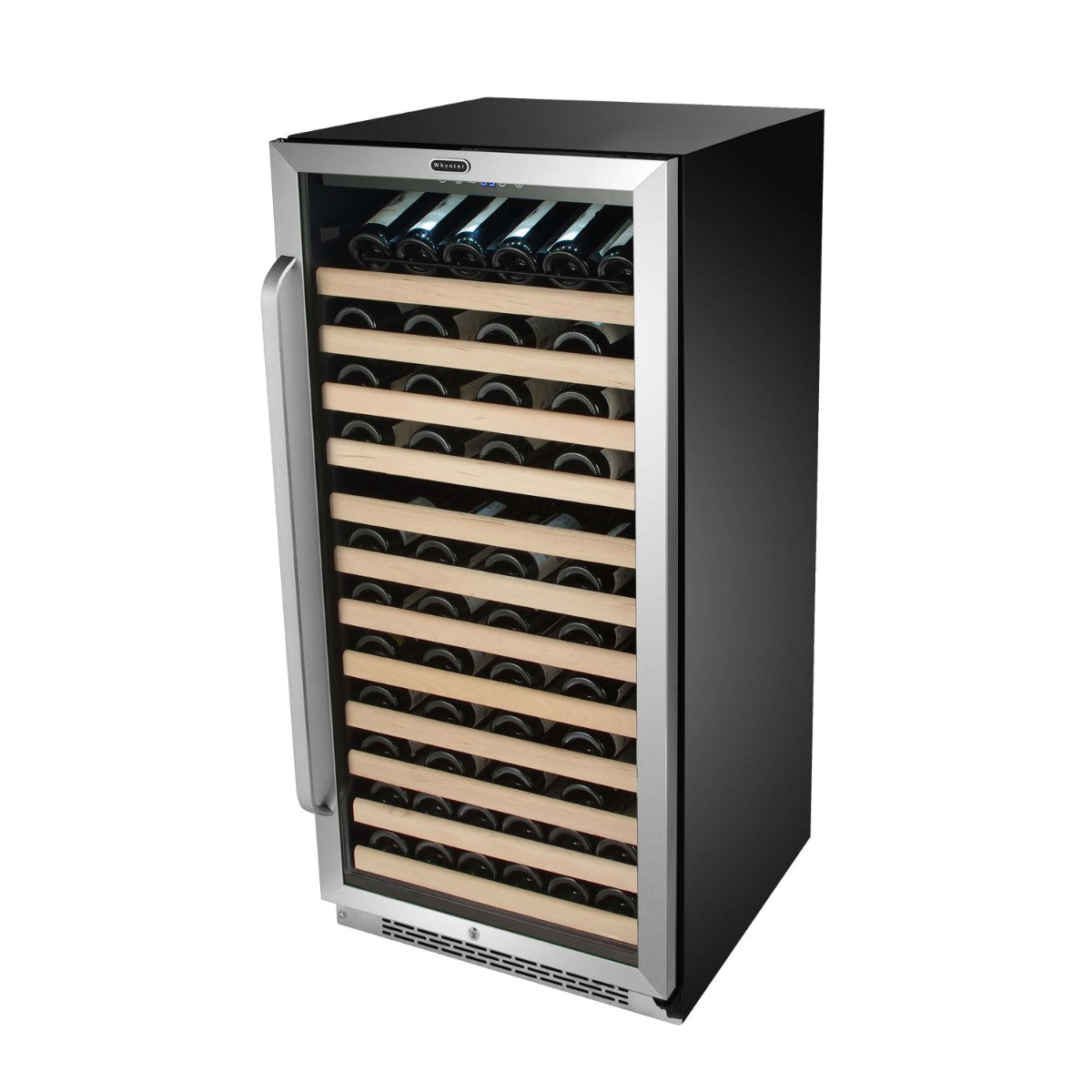 Whynter BWR-1002SD 100-Bottle Single-Zone Built-In Wine Refrigerator - Front left view loaded shelves closed door studio image