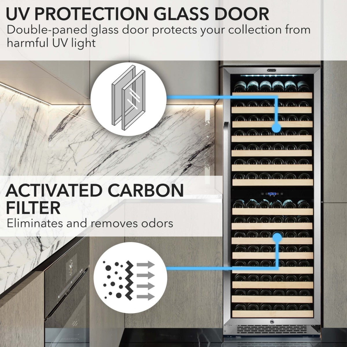 Whynter BWR-1642DZ 164-Bottle Dual-Zone Built-In Wine Refrigerator - UV Protection Glass Door